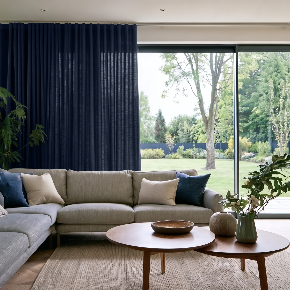 Royal Blue Linen S-Fold Extra Long Curtains in a Modern Living Room with Panoramic Windows and Light Beige Sectional Sofa
