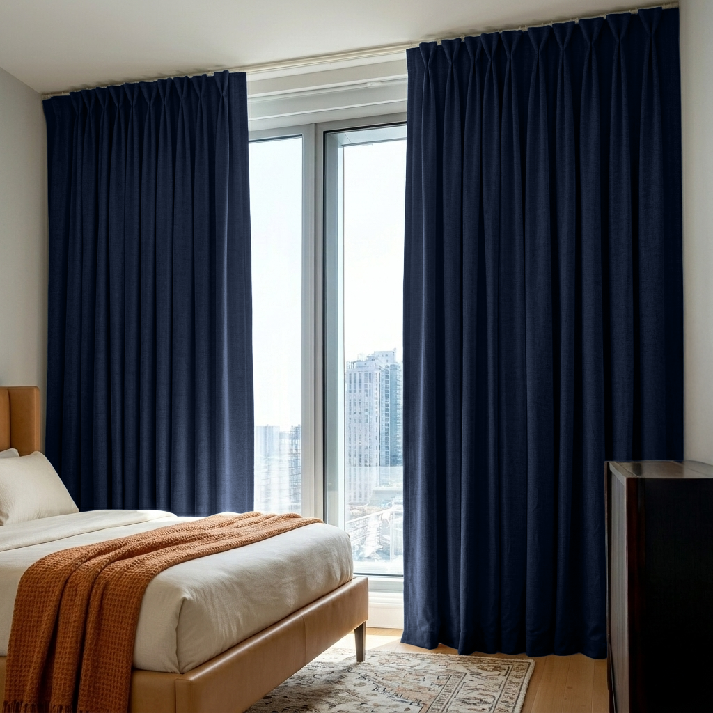Royal Blue Linen Thermal Pinch Pleat Curtains