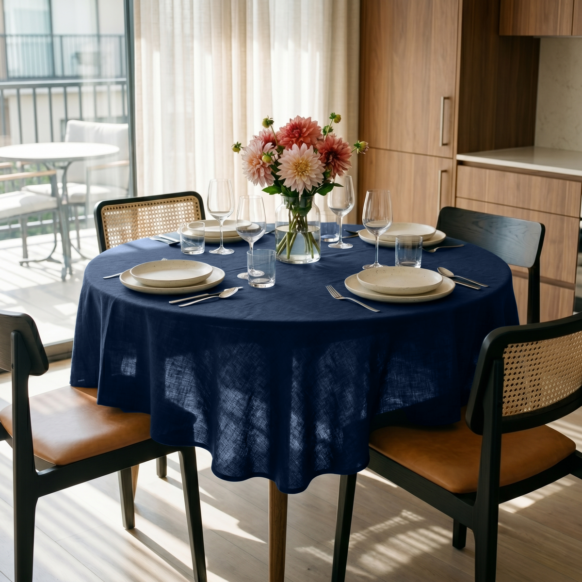 Royal Blue Linen Round Tablecloth in a Bright Kitchen Dining Space with Warm Wood Cabinetry and Tan Leather Chairs
