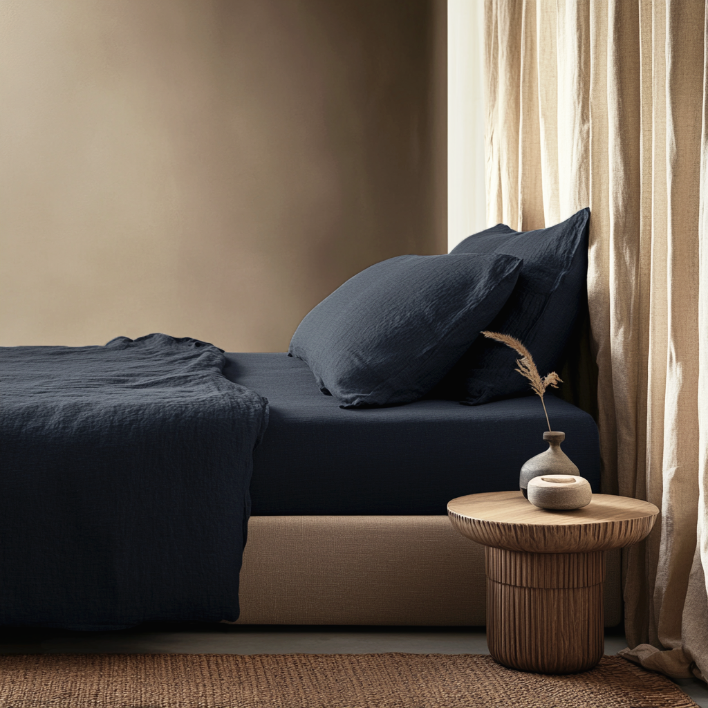 Royal Blue Washed Linen Deep Pocket Fitted Sheet Set 