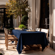 Royal Blue Rectangular Linen Tablecloth in a Mediterranean Patio with French Doors