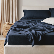 Royal Blue Washed Linen Deep Pocket Fitted Sheet 
