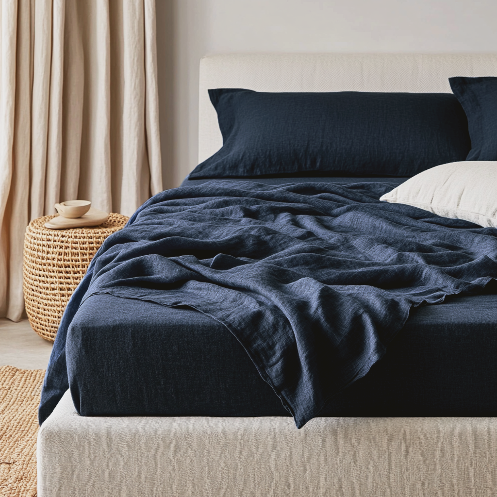 Royal Blue Washed Linen Deep Pocket Fitted Sheet 
