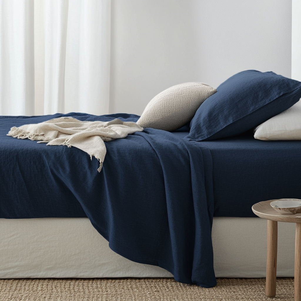 Royal Blue Washed Linen Deep Pocket Fitted Sheet 