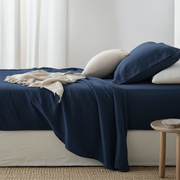 Royal Blue Washed Linen Deep Pocket Fitted Sheet 