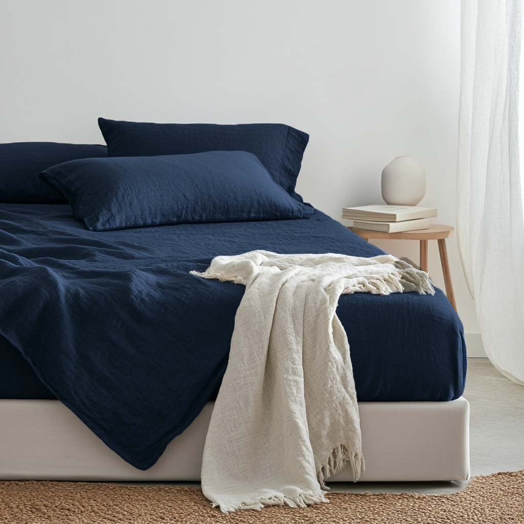 Royal Blue Washed Linen Deep Pocket Fitted Sheet 