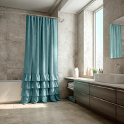 Aquamarine Blue Linen Ruffle Shower Curtain in a Minimal Neutral Bathroom