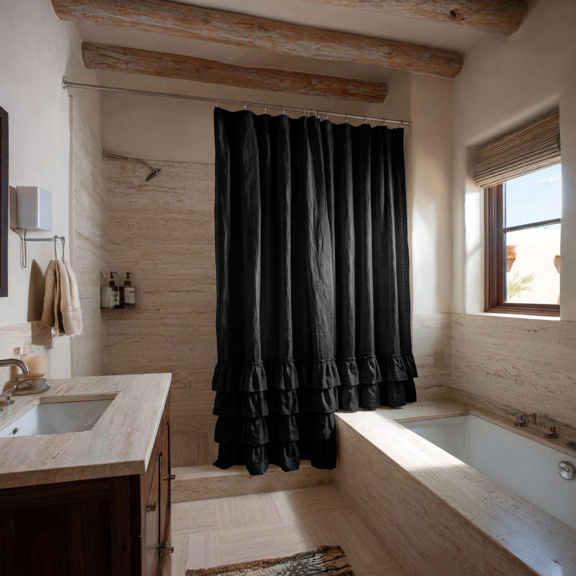 Black Linen Ruffled Shower Curtain