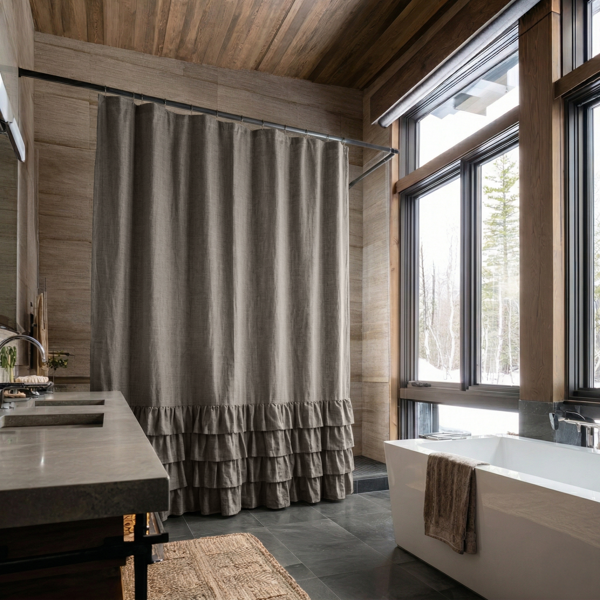 Heavy Ruffled Drapes Natural Heavy Weight Linen Ruffle Shower Curtain – Farmhouse Boho Style ...