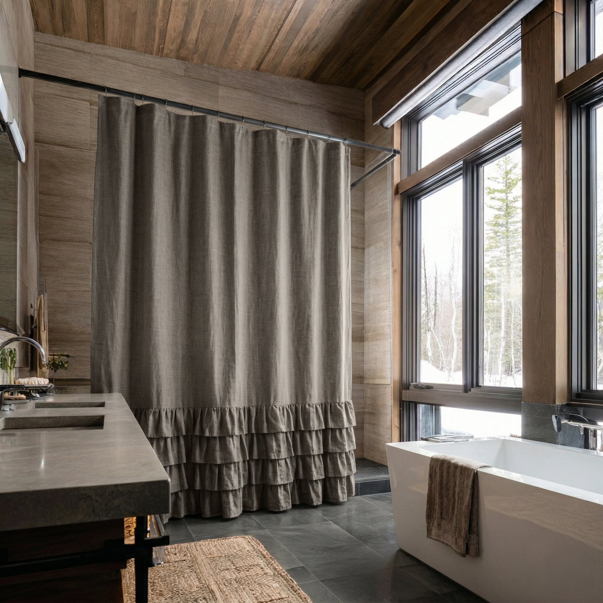 Natural Heavy Weight Linen Ruffled Shower Curtain