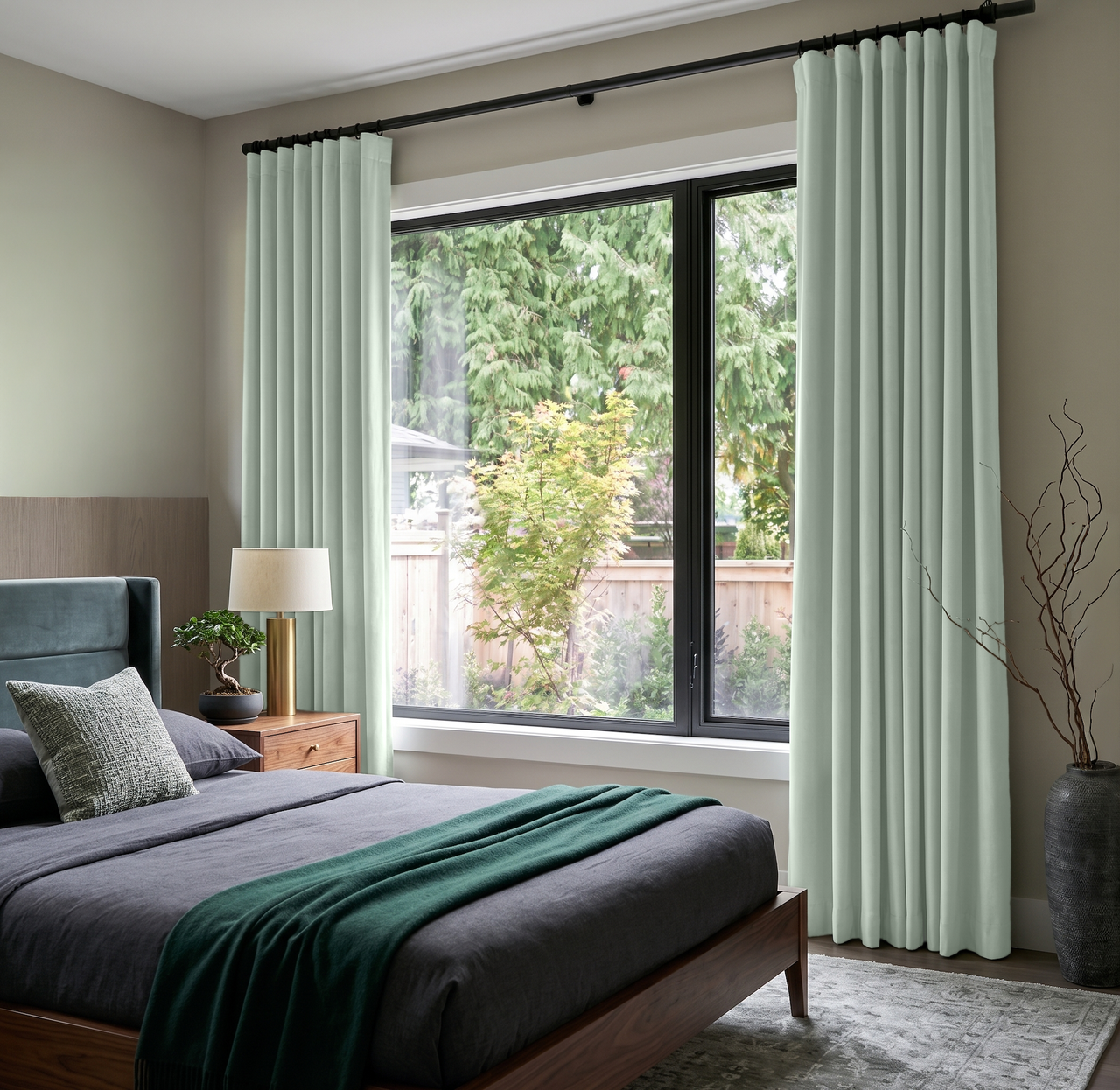 Mint Green Velvet S-Fold Curtains in a Contemporary Bedroom with Charcoal Bedding and Walnut Furniture