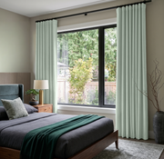 Mint Green Velvet S-Fold Curtains in a Contemporary Bedroom with Charcoal Bedding and Walnut Furniture