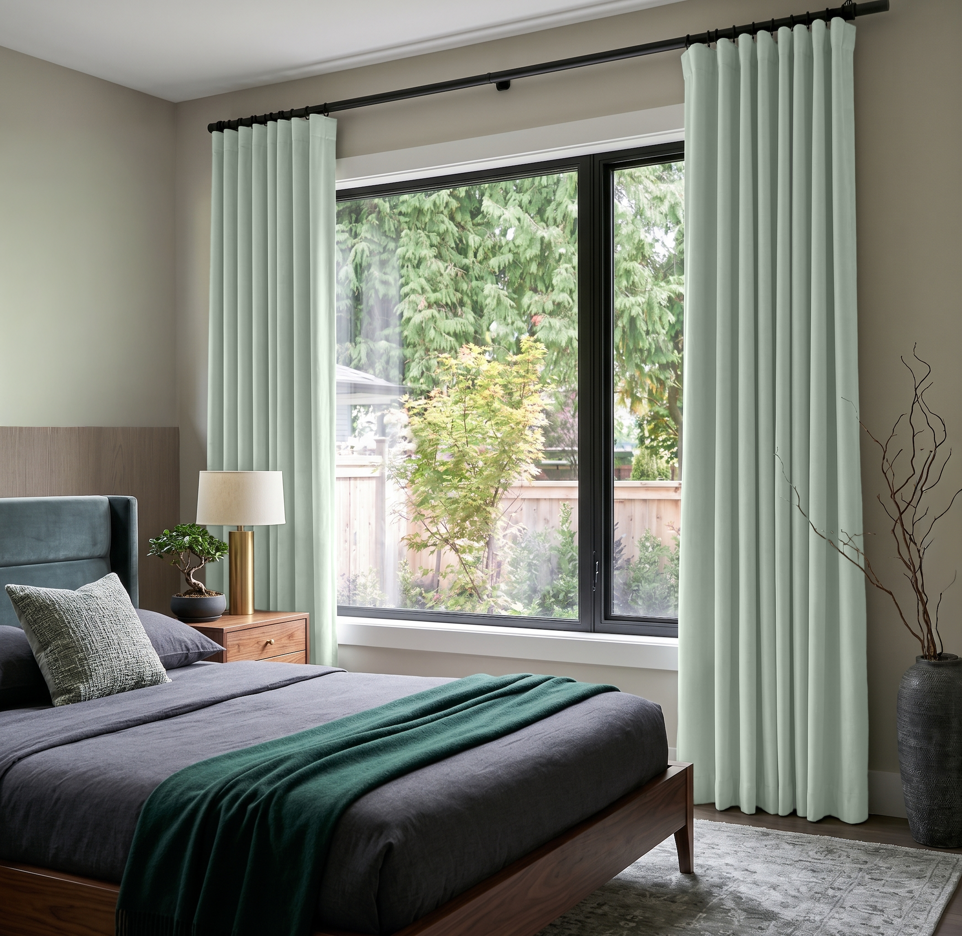 Mint Green Velvet S-Fold Curtains in a Contemporary Bedroom with Charcoal Bedding and Walnut Furniture