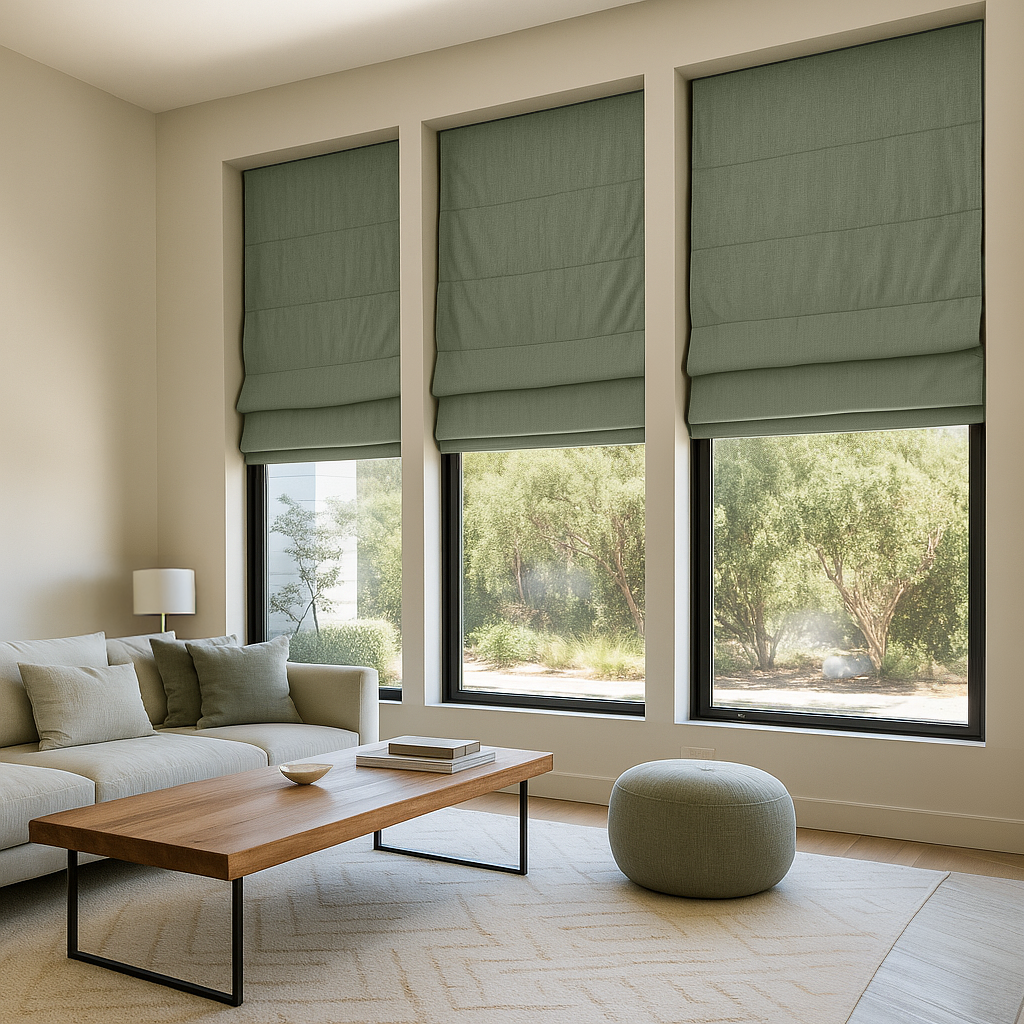 Inside Mount Sage Green Linen Blackout Roman Shades