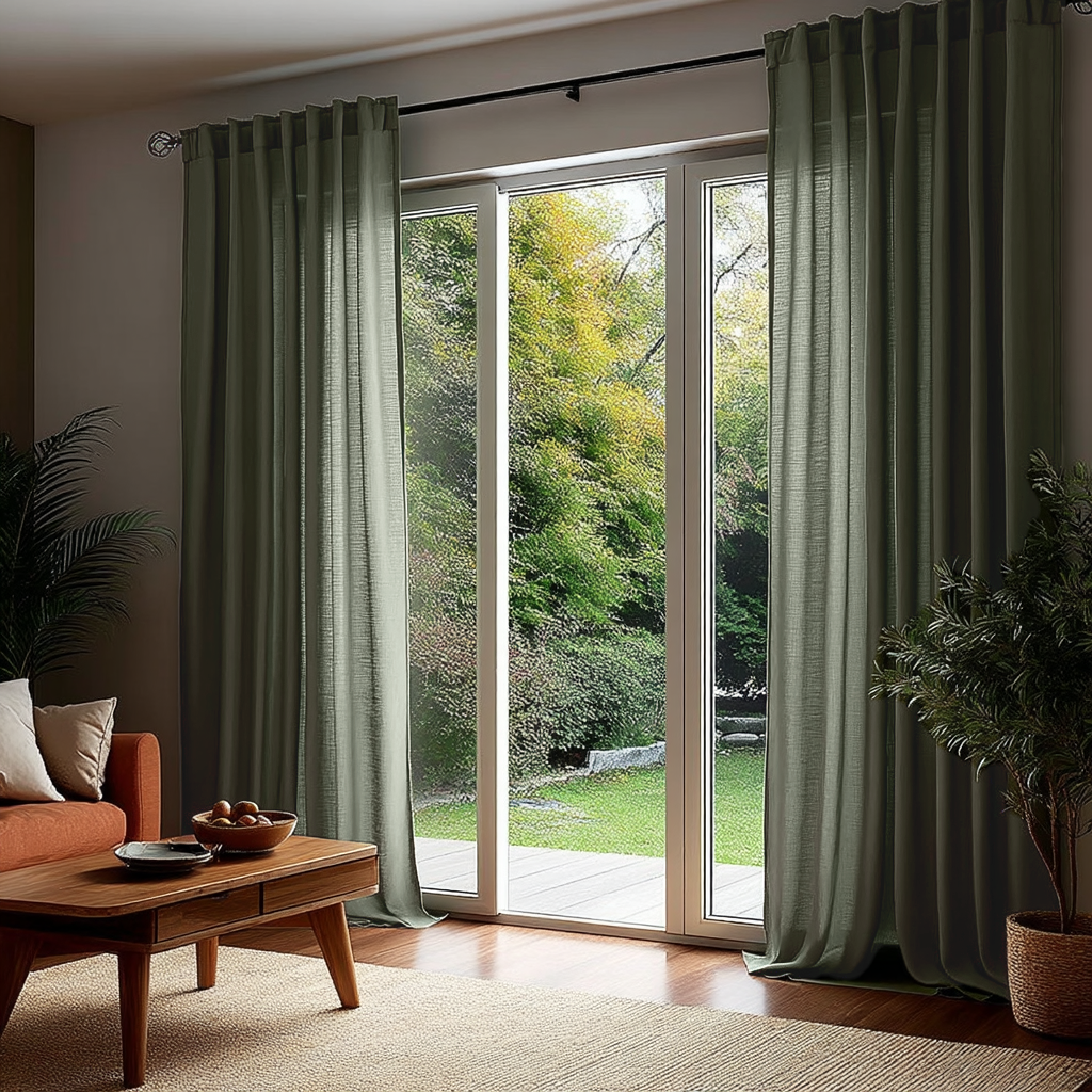 Sage Green Linen Back Tab Curtains for Sliding Doors in a Living Room with Beige Walls
