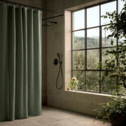 Sage Green Linen Button-Hole Top Shower Curtain in a Modern Bathroom