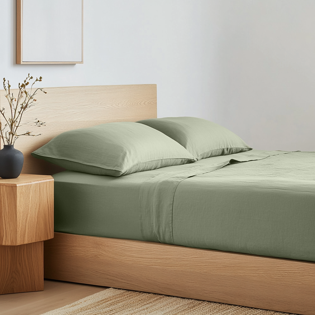 Sage Green Washed Linen Deep Pocket Fitted Sheet 
