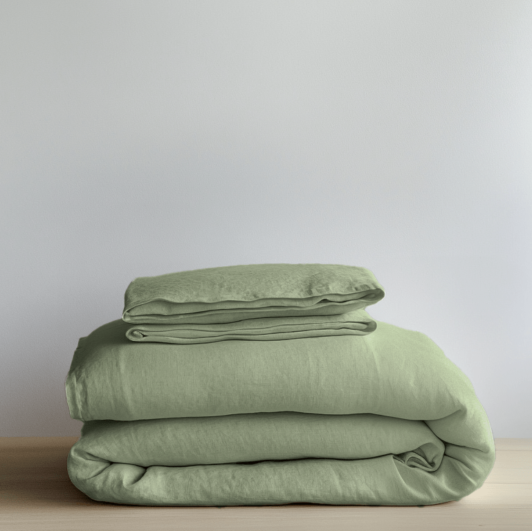 Sage Green Linen Duvet Cover Set - Folded