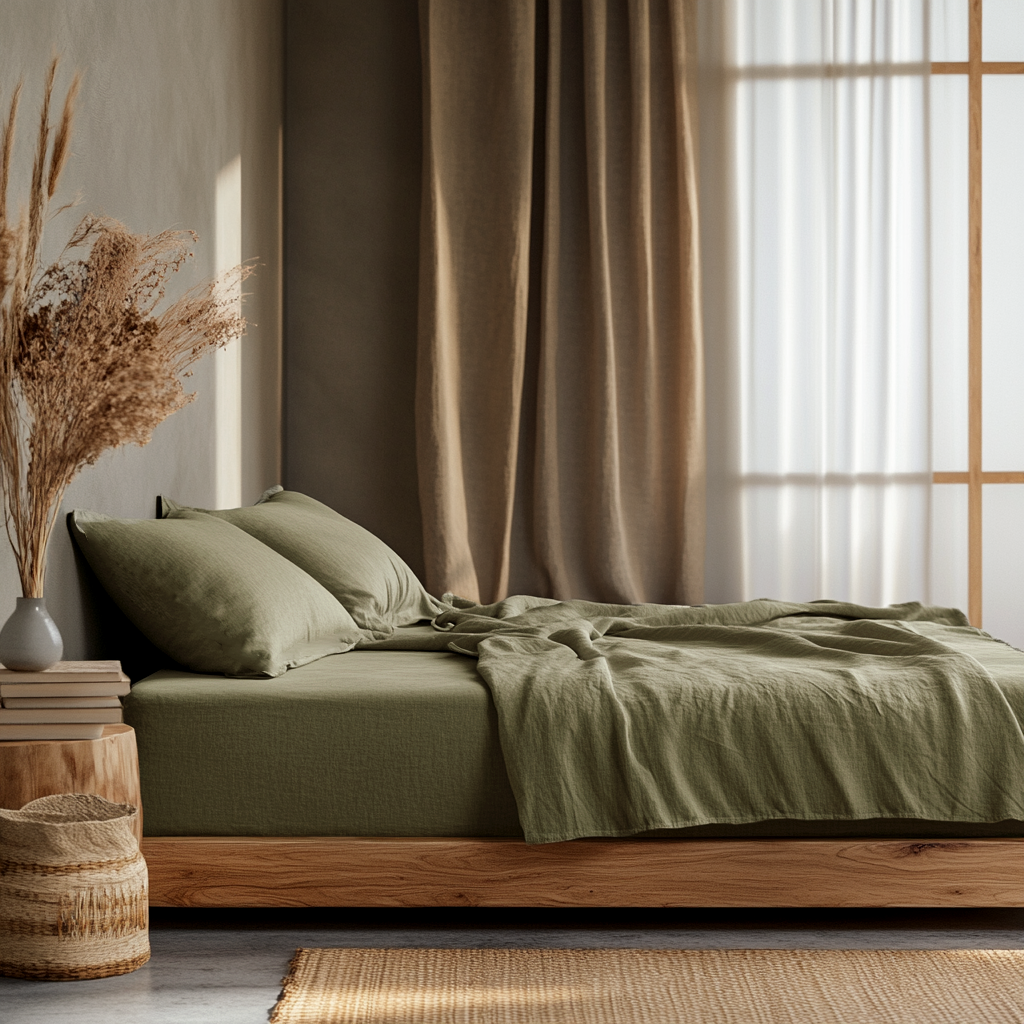 Sage Green Washed Linen Deep Pocket Fitted Sheet Set