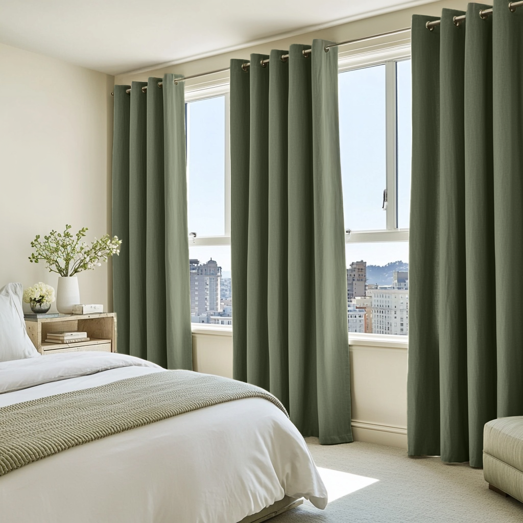 Bedroom Sage Green Linen Grommet Curtains - Blackout Lining