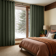 Sage Green Linen Grommet Bedroom Curtains in a Cozy Bedroom with Warm Beige Walls and Terracotta Accents - Cotton Lining