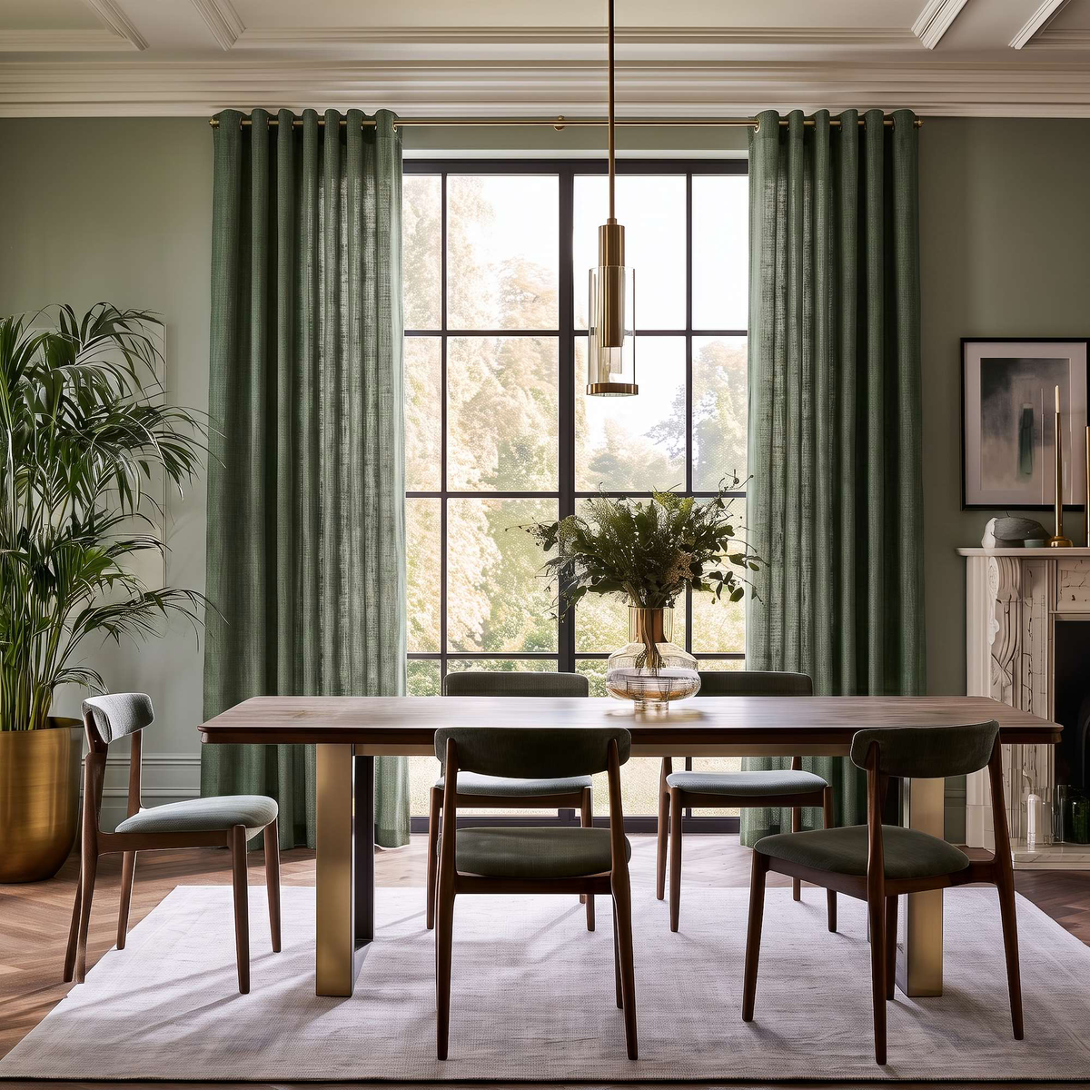 Sage Green Linen Grommet Curtains in a Transitional Dining Room with Walnut Furniture and Fireplace