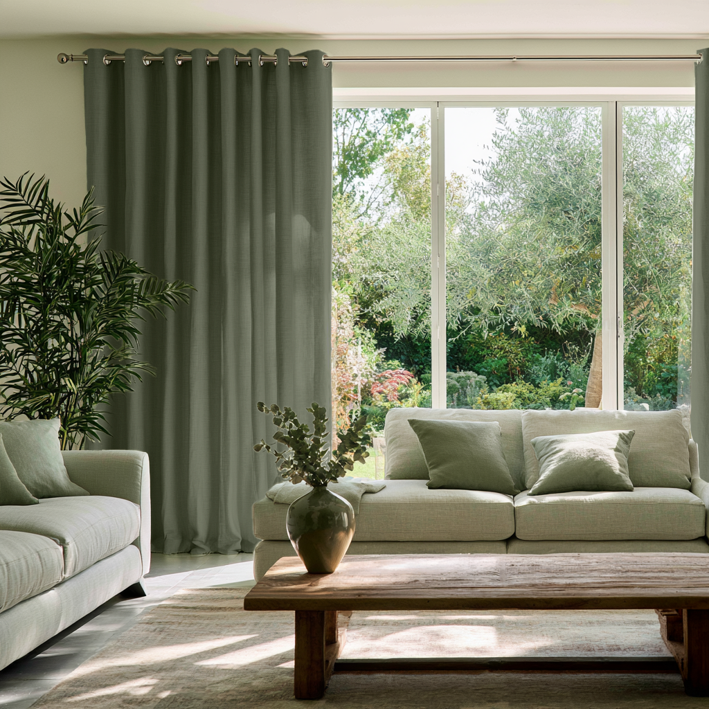 Sage Green Linen Grommet Extra Long Curtains in a Contemporary Living Room with Large Windows