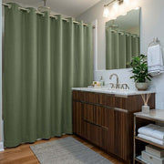 Sage Green Linen Hookless Shower Curtain in a Contemporary Bathroom with Soft Gray Walls and Walnut Vanity