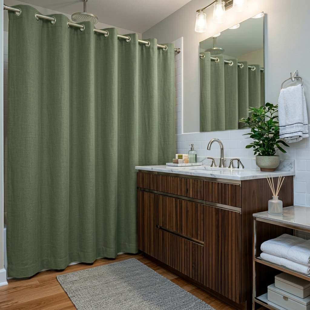 Sage Green Linen Hookless Shower Curtain in a Contemporary Bathroom with Soft Gray Walls and Walnut Vanity