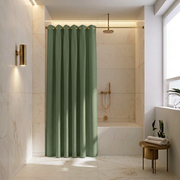 Sage Green Linen Hookless Shower Curtain in a Luxury Bathroom with Beige Marble Walls