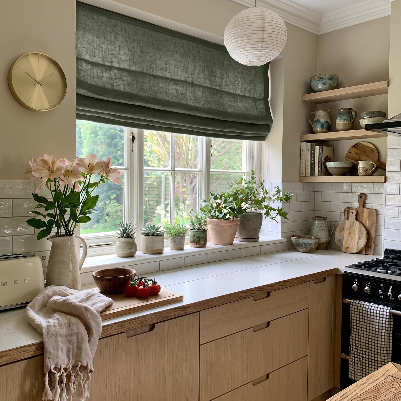Sage Green Linen Roman Shades in a Cozy Kitchen with Open Wood Shelving - Cotton Lining