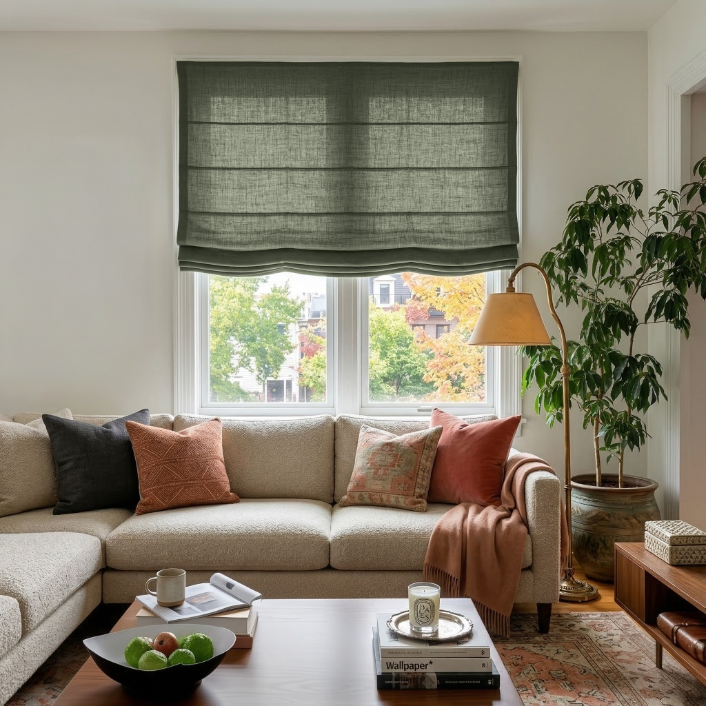 Sage Green Linen Relaxed Roman Shades - Cotton Lining