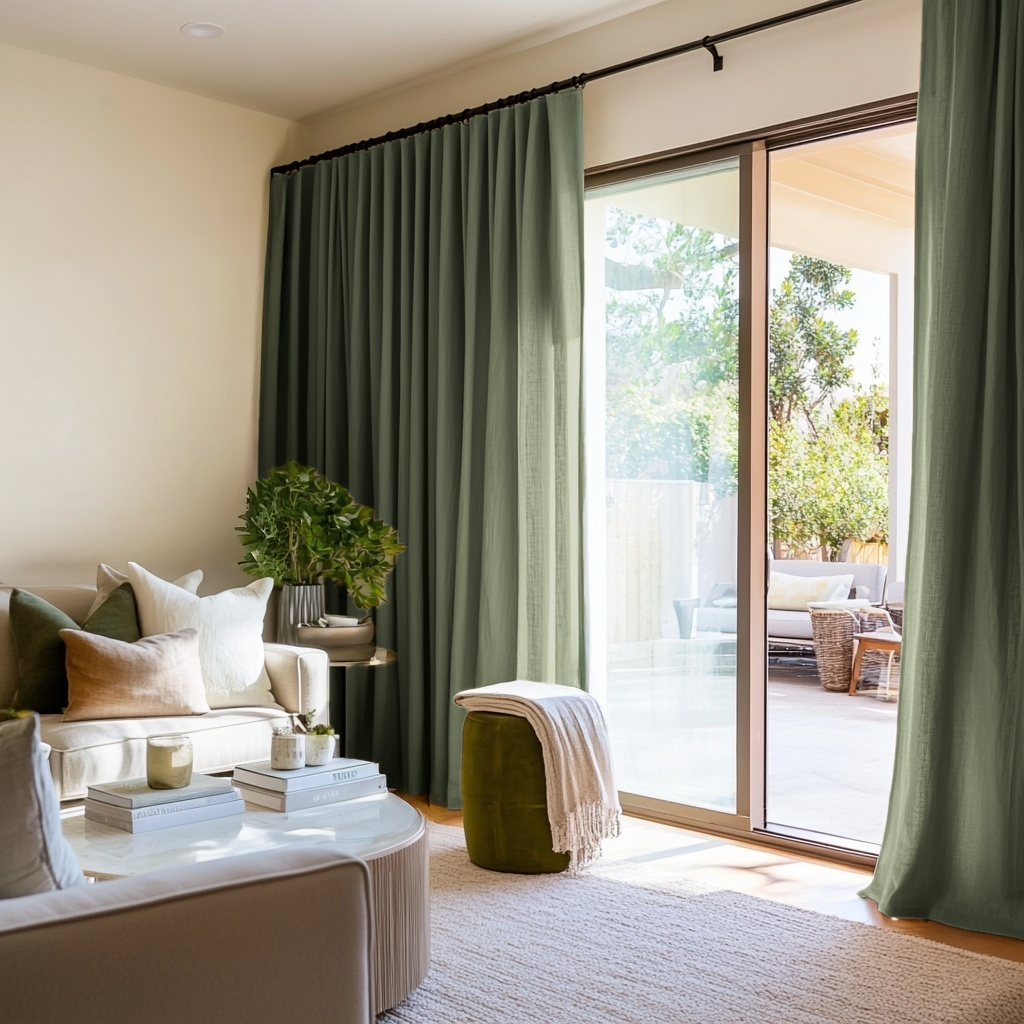 Sage Green Linen S-Fold Curtains for Sliding Doors in a Living Room with Cream Walls