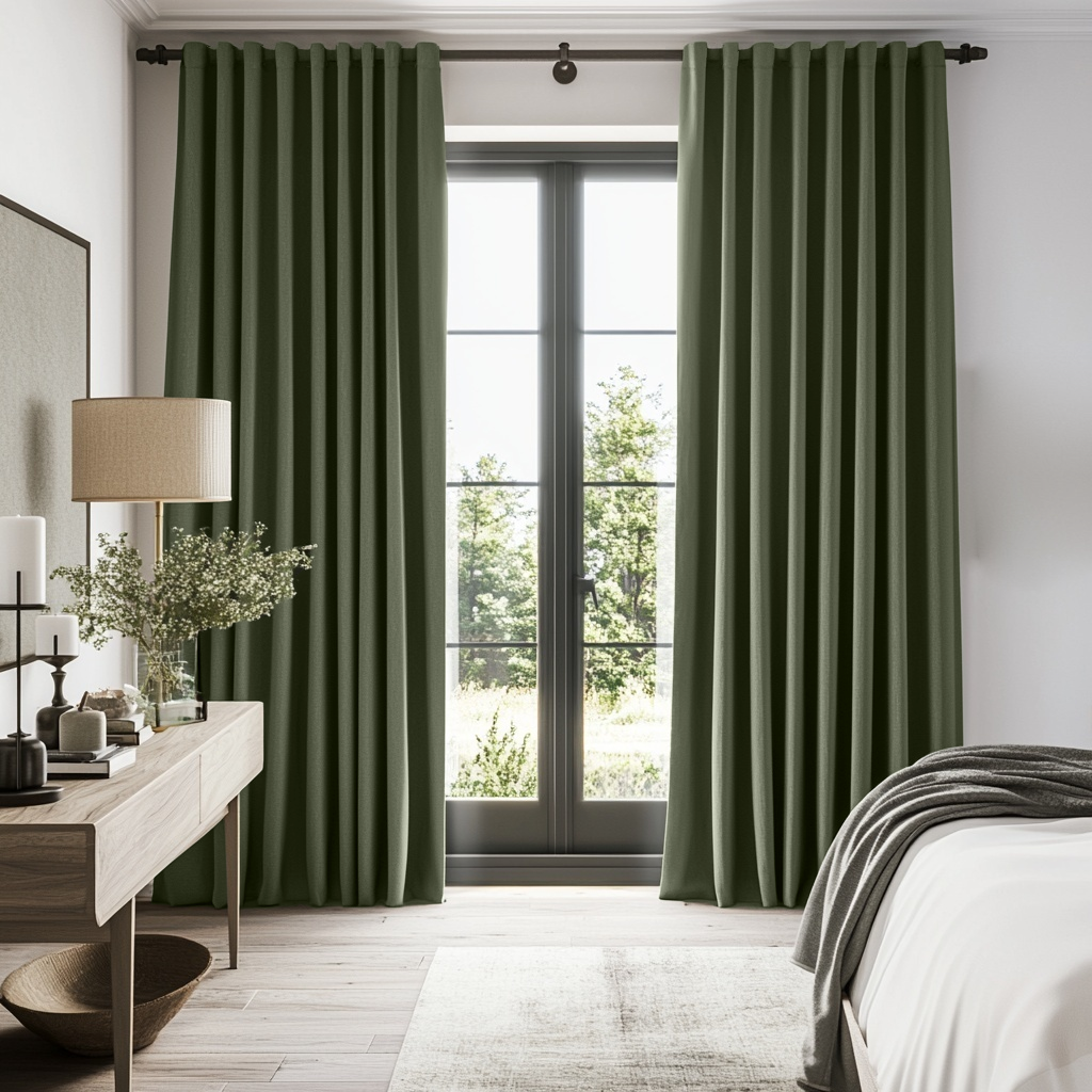 Sage Green Linen Thermal Curtains with Multitape
