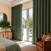 Sage Green Linen Grommet Bedroom Curtains in a Warm Airy Bedroom with Light Sage Bedding and Rust Accents - Blackout Lining