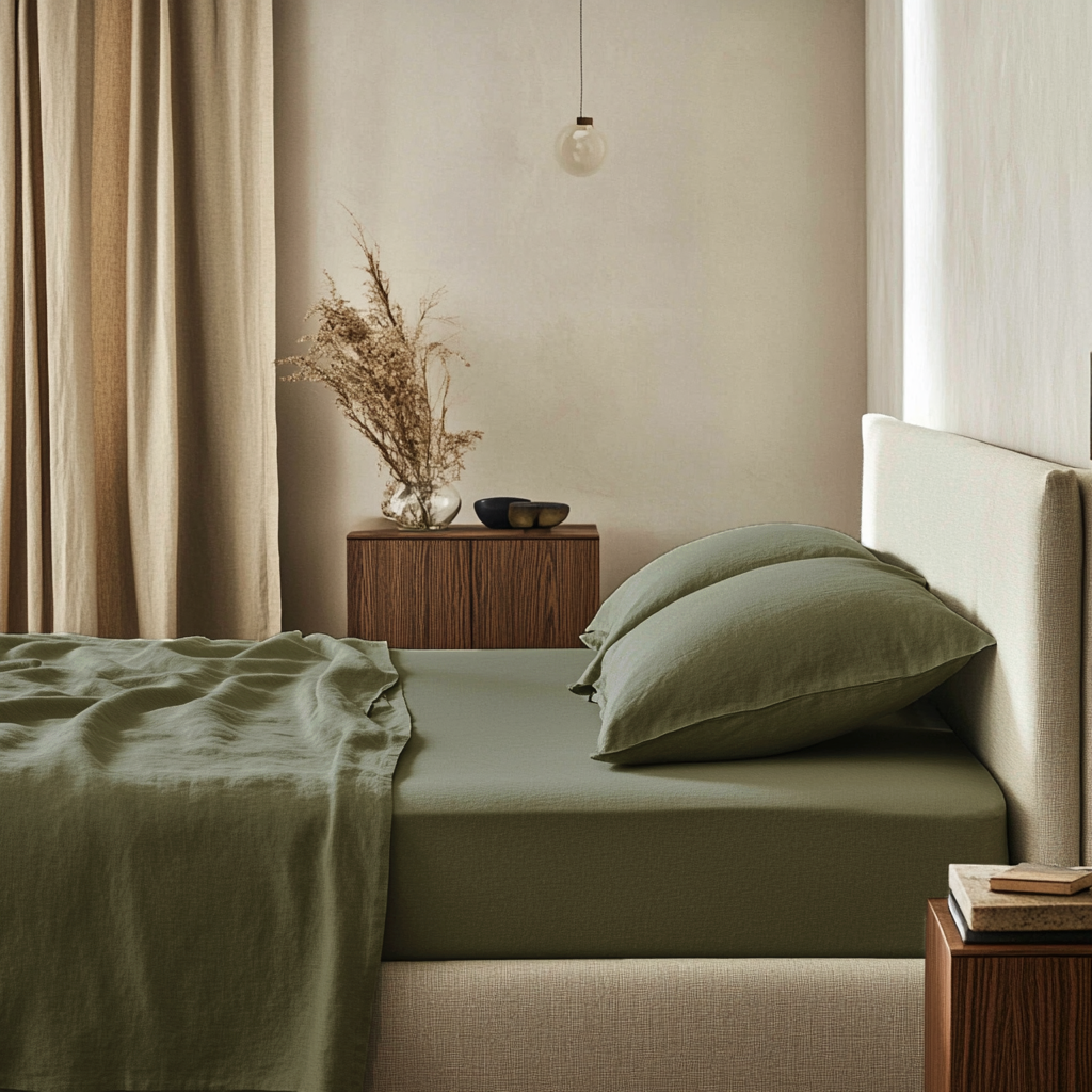 Sage Green Washed Linen Deep Pocket Fitted Sheet Set