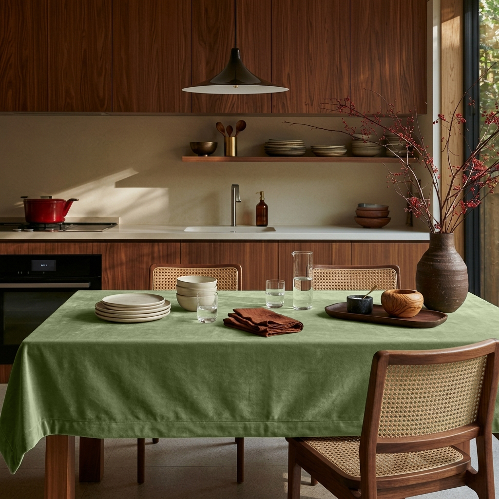 Sage Green Rectangular Velvet Tablecloth in a Contemporary Kitchen with Walnut Cabinetry and Cane Chairs