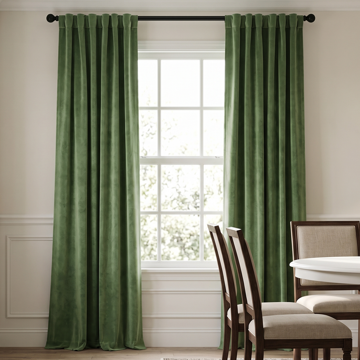 A calm traditional dining room with floor-length sage-green curtains, a large white-framed window, classic wooden chairs with beige upholstery, and soft natural light