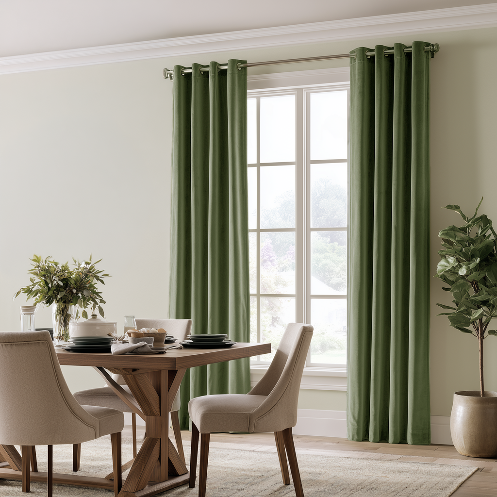 A serene dining room with sage-green curtains, a wooden pedestal table, beige upholstered chairs, simple tableware, fresh greenery, and soft natural light