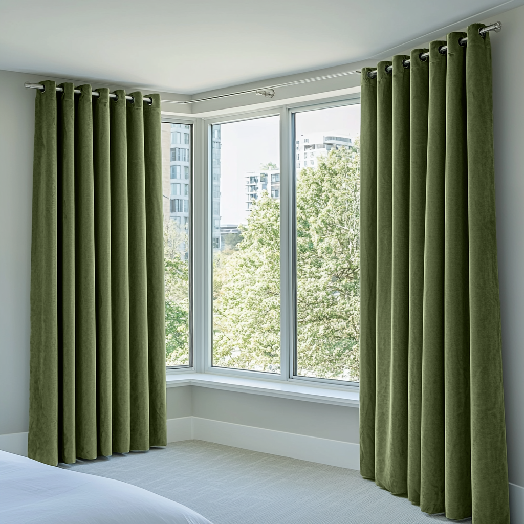 Sage Green Velvet Blackout Grommet Bay Window Curtain