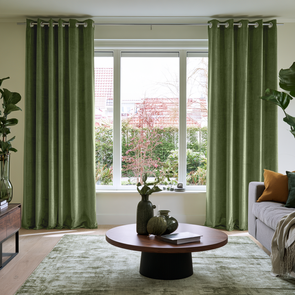 Sage Green Velvet Grommet Extra Long Curtains in a Modern, Sunlit Living Room with a Round Wooden Coffee Table and a Gray Sofa