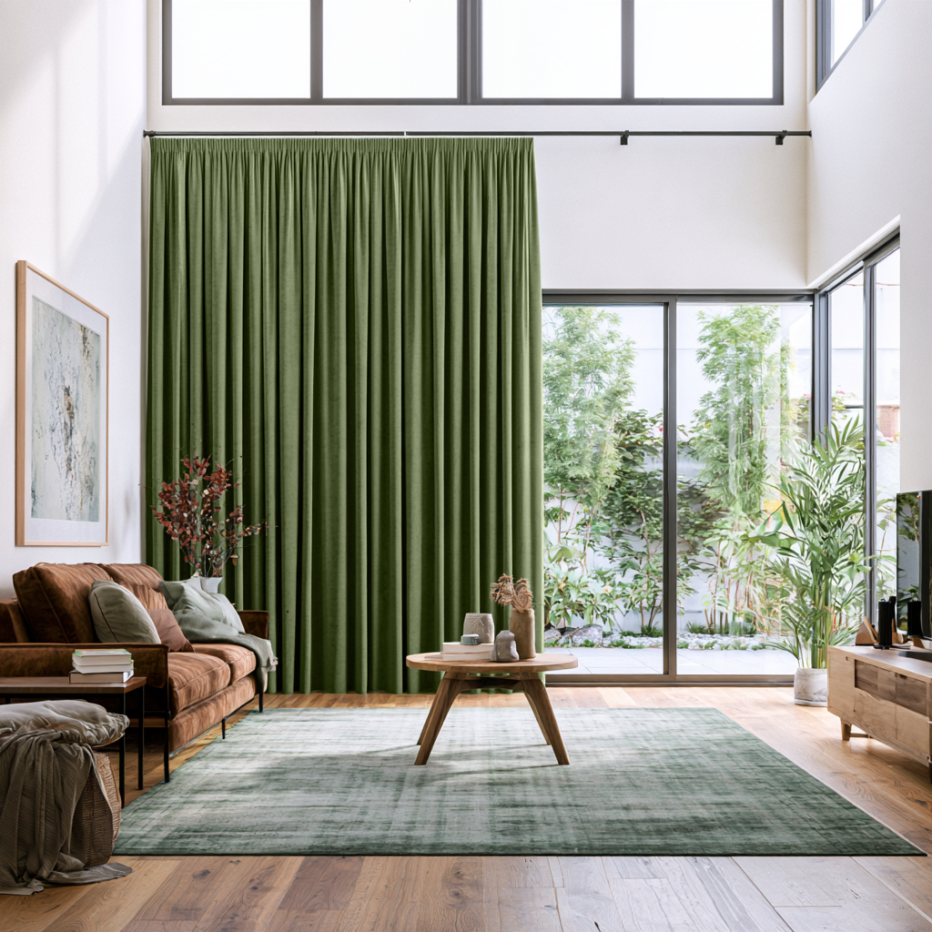 Sage Green Velvet Pencil Pleat Extra Long Curtains in a Modern Double-Height Living Room with Glass Walls, Brown Sofa and a Green Rug