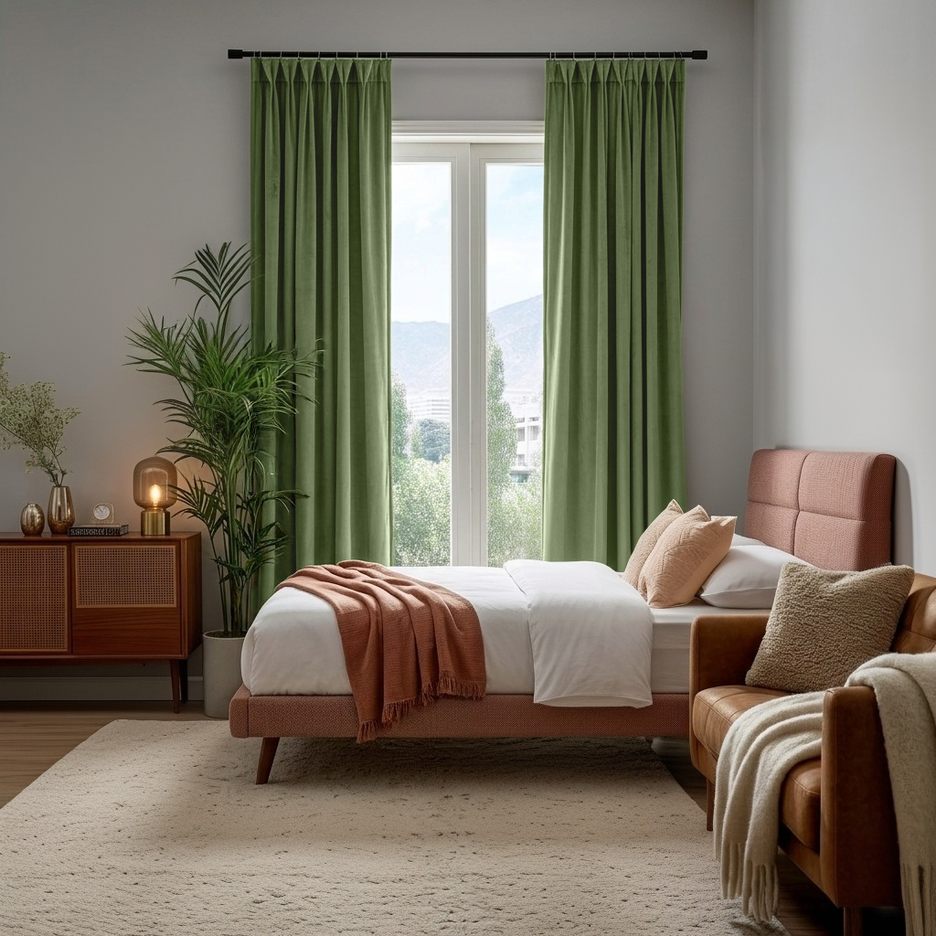 Sage Green Velvet Pinch Pleat Blackout Curtains in a Bedroom with Light Grey Walls