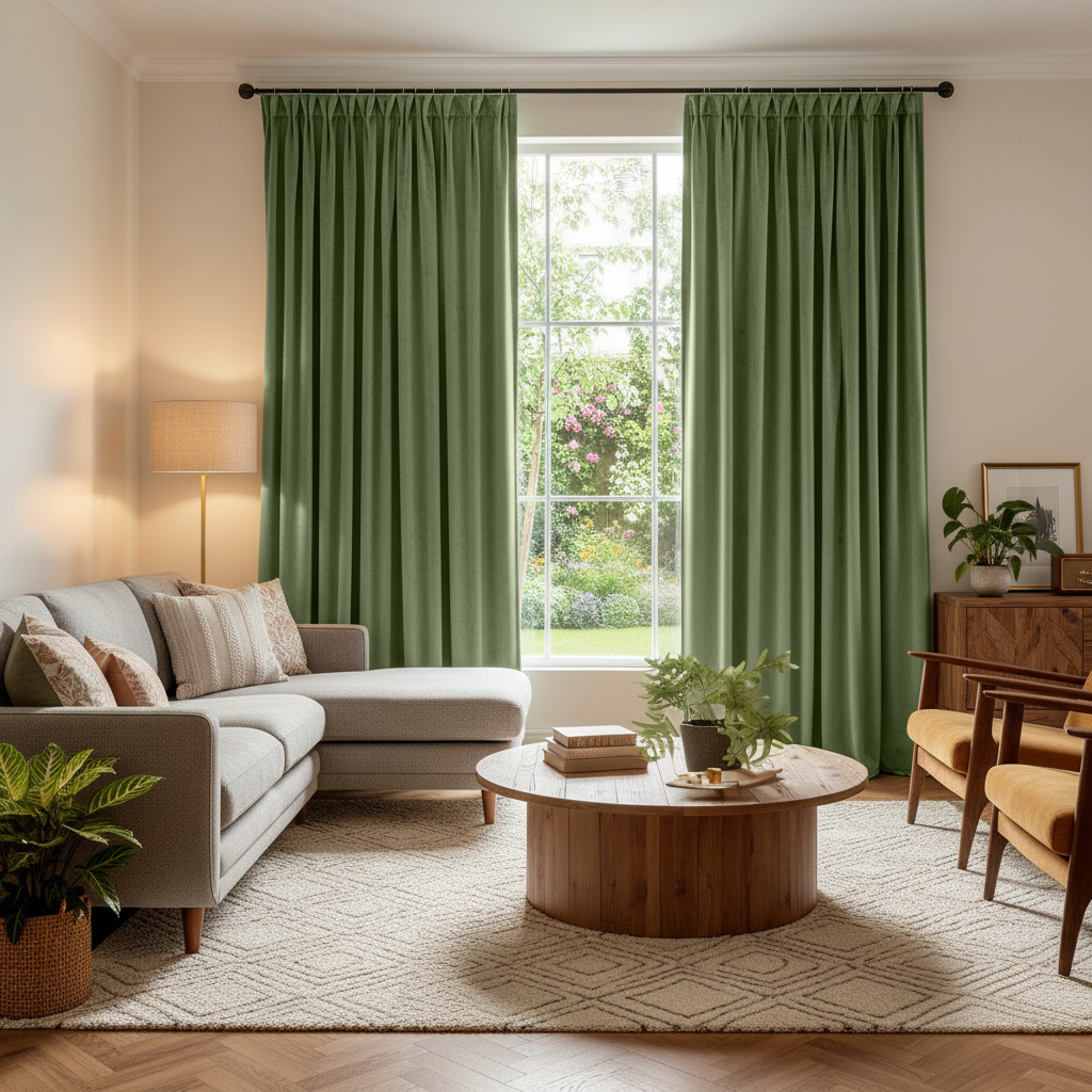 Sage Green Velvet Pinch Pleat Blackout Curtains in a Living Room with Cream Walls