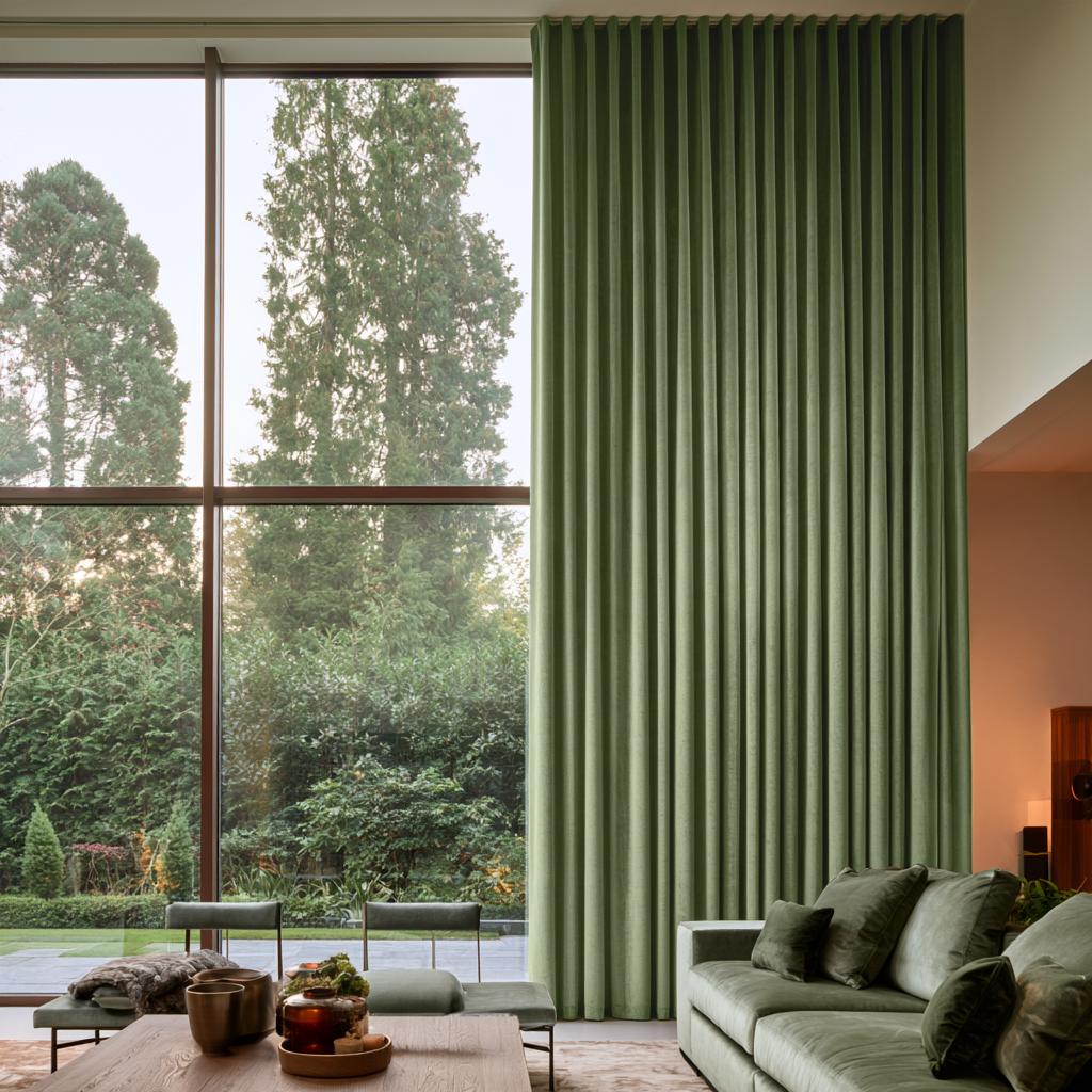 Sage Green Velvet S-Fold Extra Long Curtains in a Contemporary Living Room with Floor-to-Ceiling Windows and Garden View