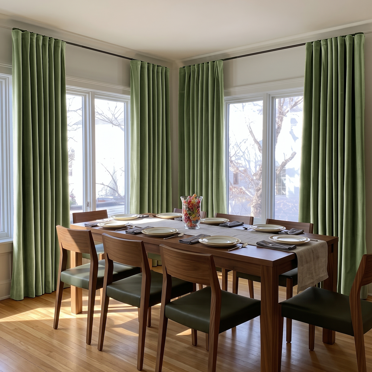 A bright corner dining room with sage-green curtains, a wooden table, matching chairs with dark cushions, neatly arranged tableware, and a colorful floral centerpiece