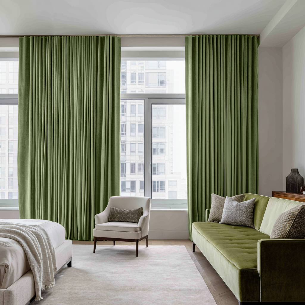 Sage Green Velvet Thermal Curtains with Multitape