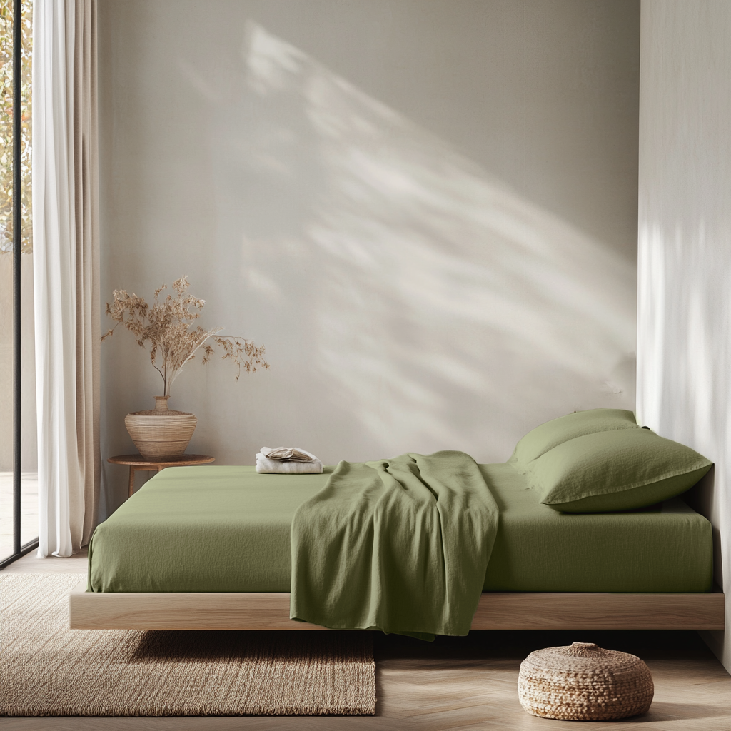 Sage Green Washed Linen Deep Pocket Fitted Sheet 