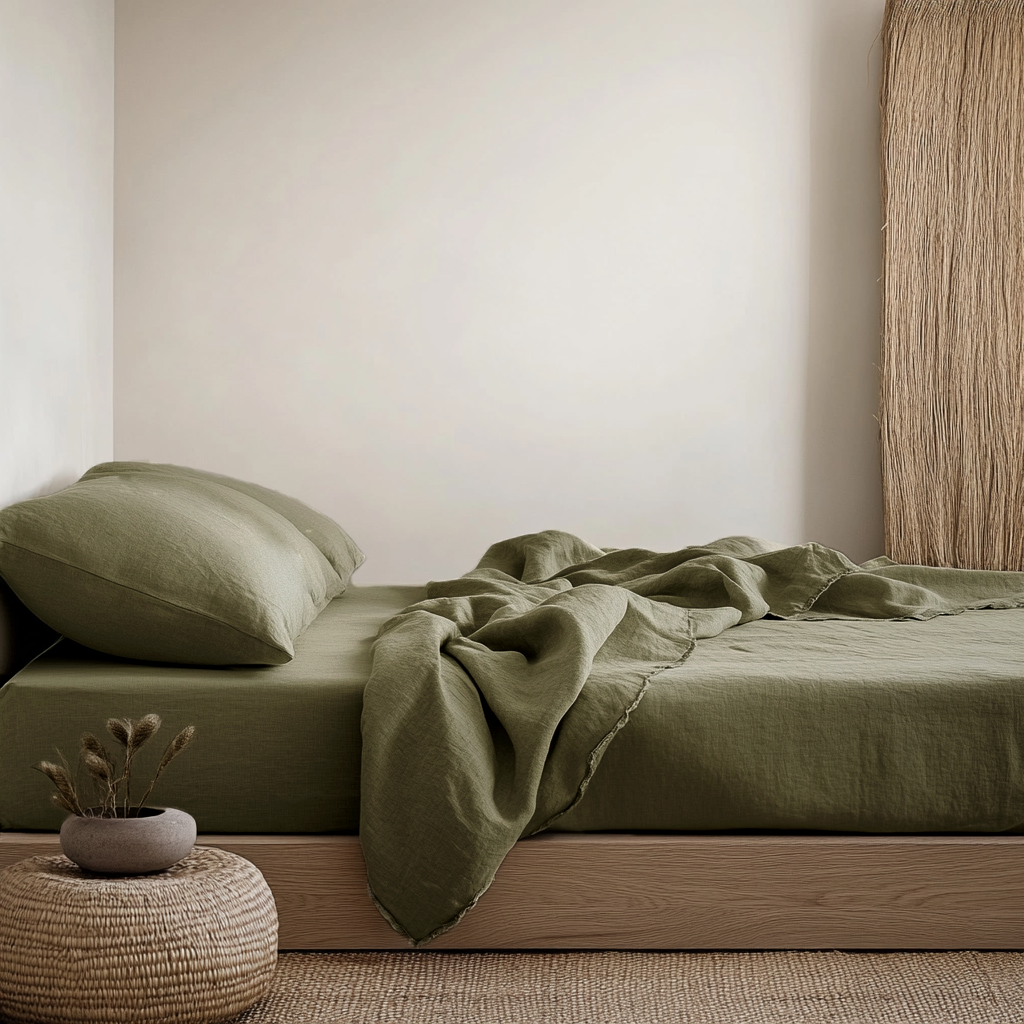 Sage Green Washed Linen Deep Pocket Fitted Sheet Set