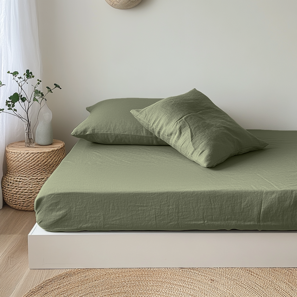 Sage Green Linen Fitted Sheet in Sheet Set